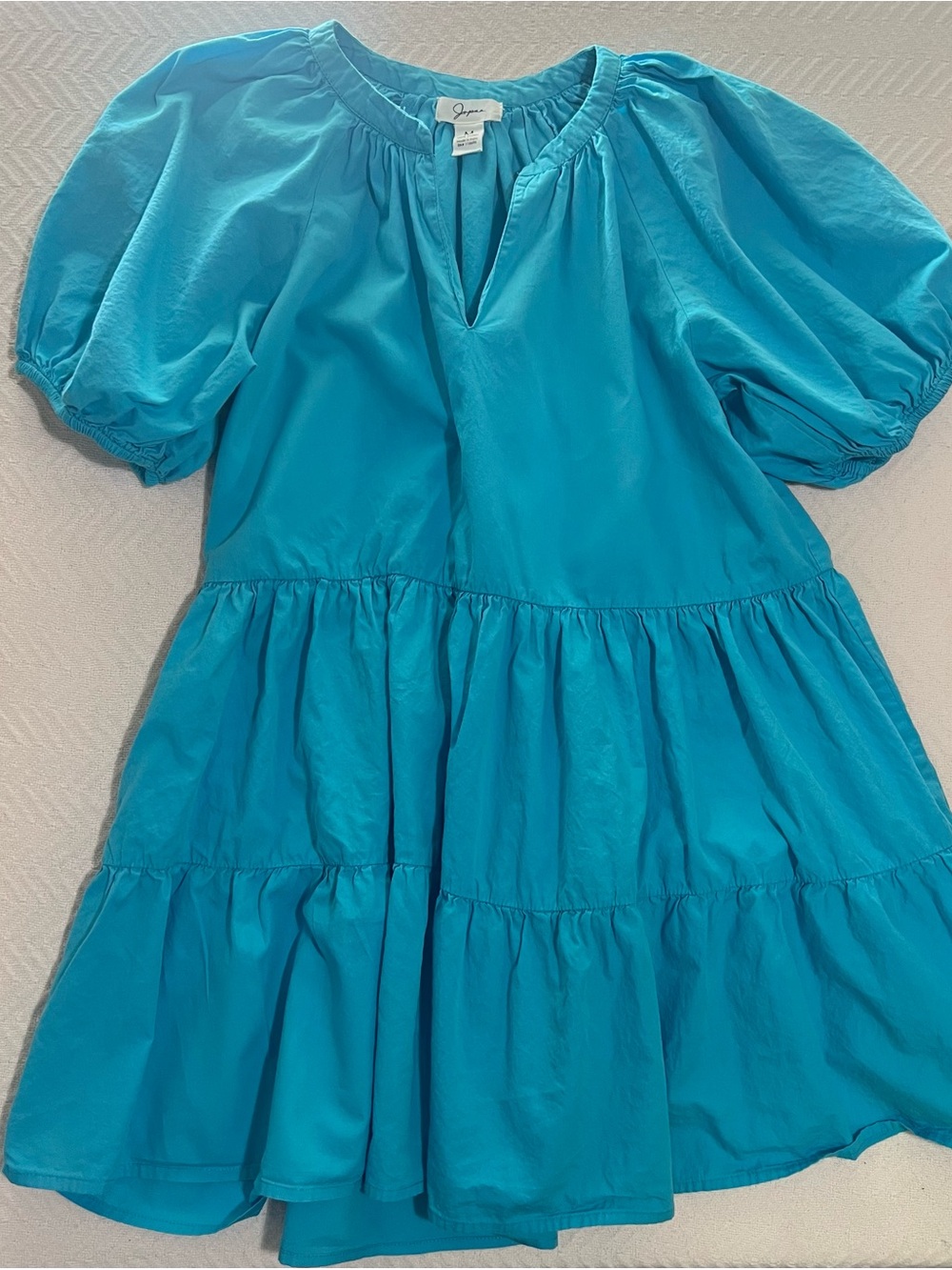 Japna Turquoise Tiered Puff-Sleeve Mini Dress M 100% cotton